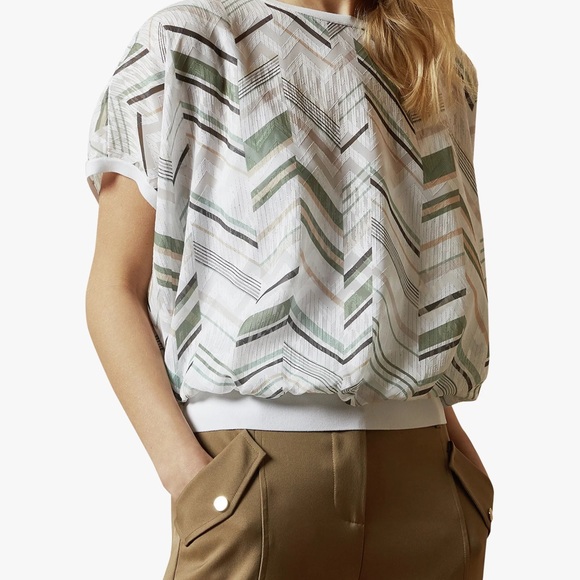 Ted Baker Vilanta Top, white with green beige chevron print, size US 12-14. - Picture 1 of 7